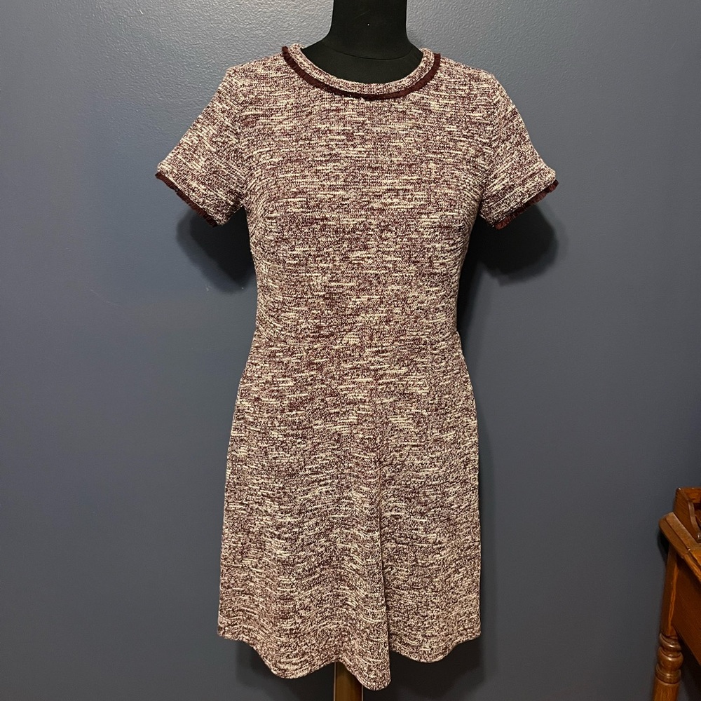 LOFT Textured Maroon Fringe Trim Mini Dress